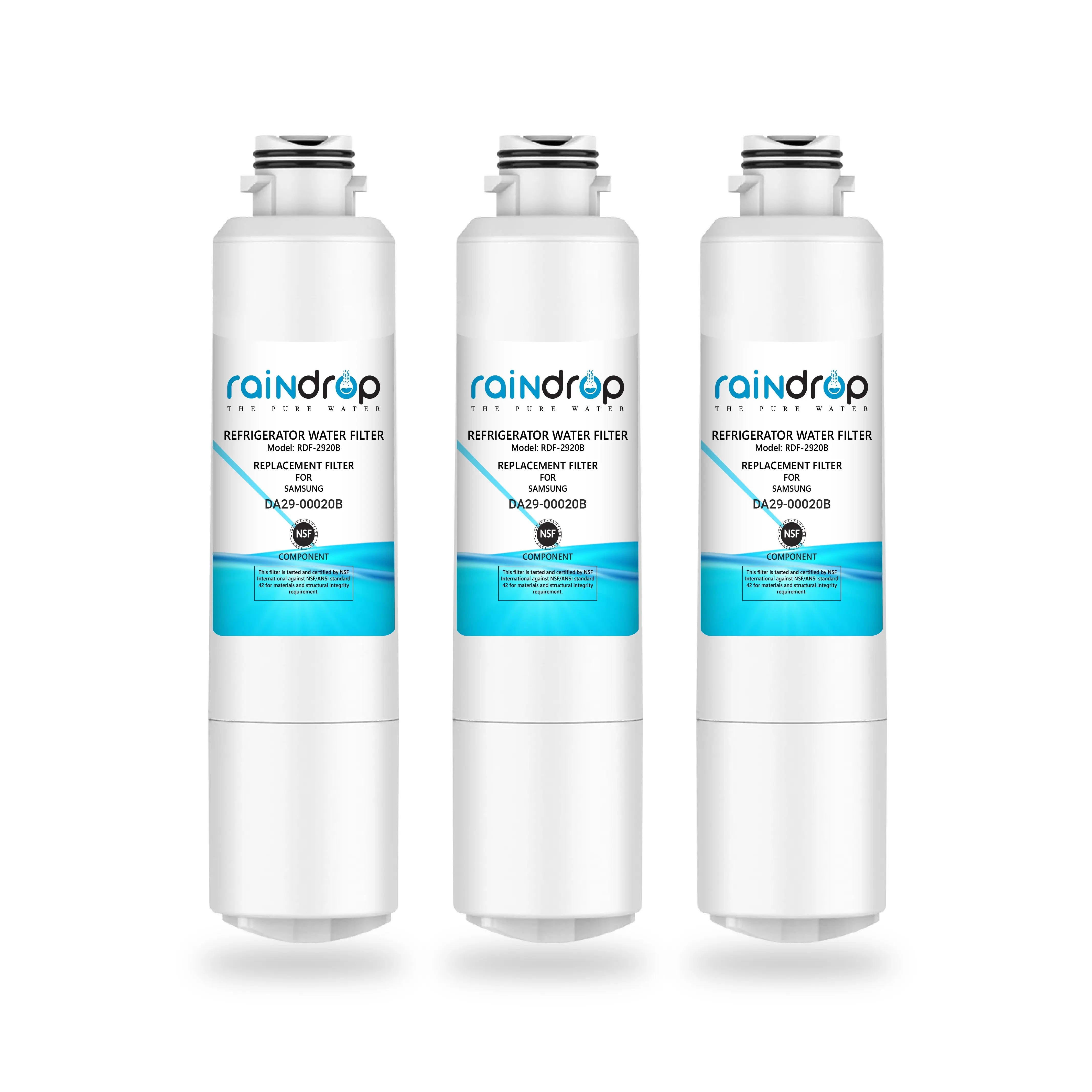 Cutaway view of Raindrop RDF-2920B water filter showing multi-layer filtration and activated carbon block.